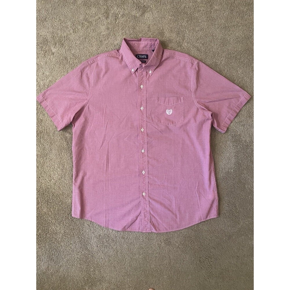 Chaps Men's Easy Care Short Sleeve Button Down Coral Red Coastal Ready Men’s L